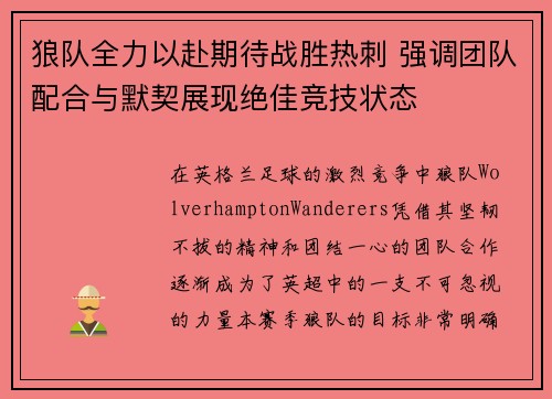 狼队全力以赴期待战胜热刺 强调团队配合与默契展现绝佳竞技状态
